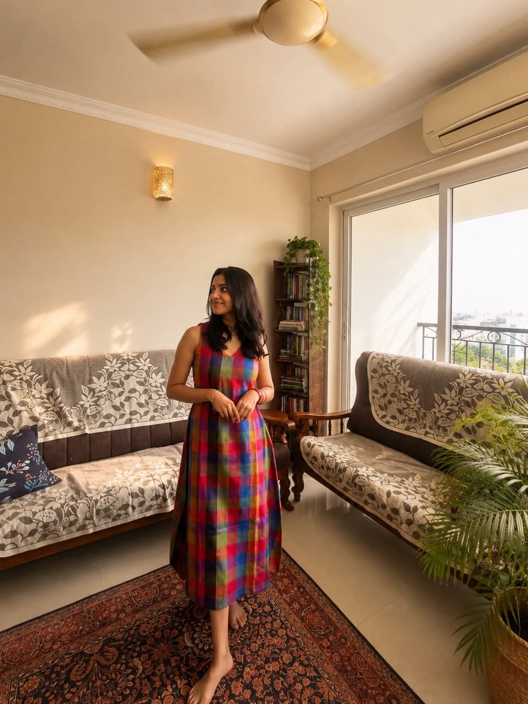 Kanni Check Dress worn in a sunlit living room