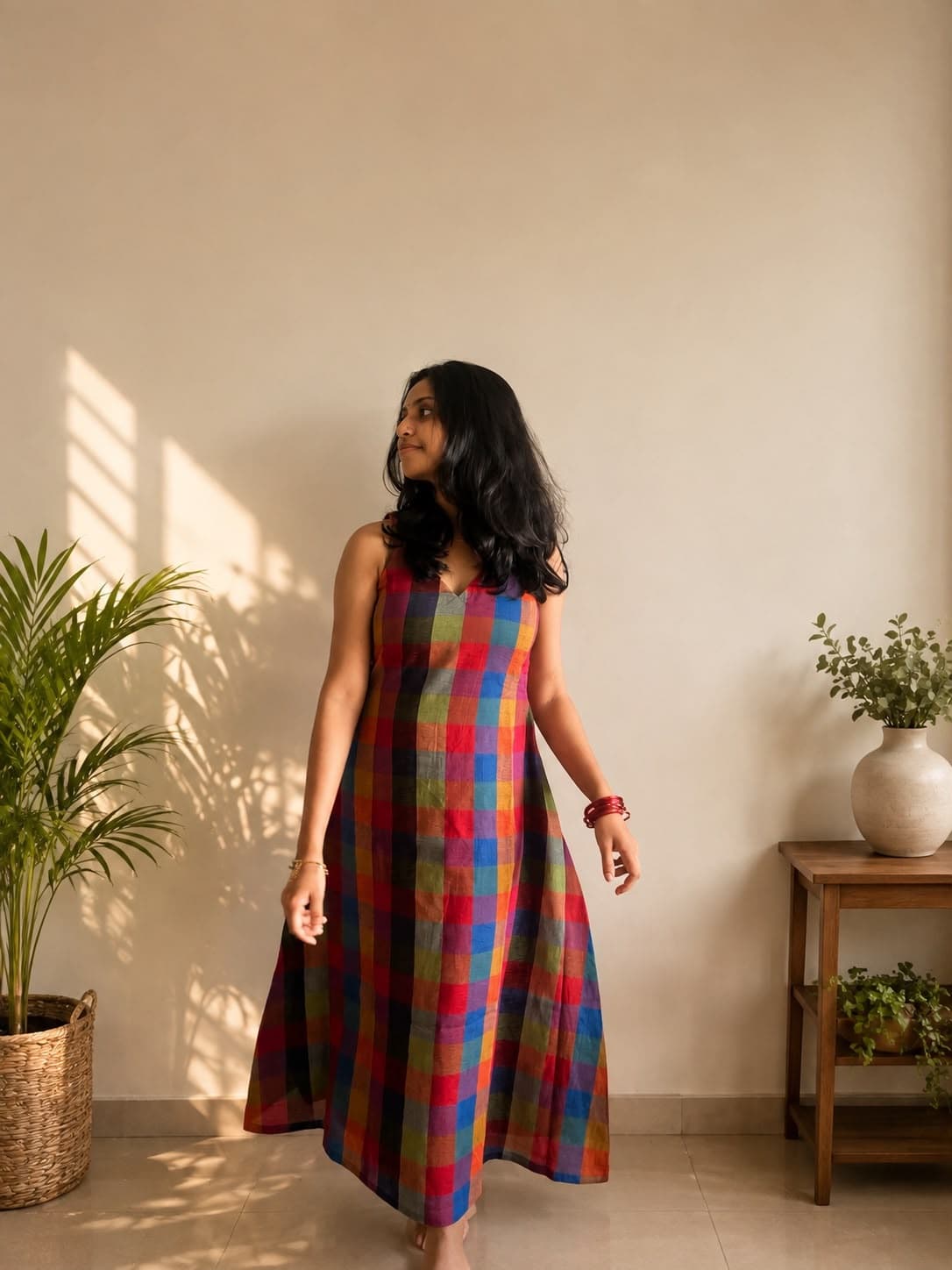 The Kanni Check Dress — multicolour handloom checks in afternoon light